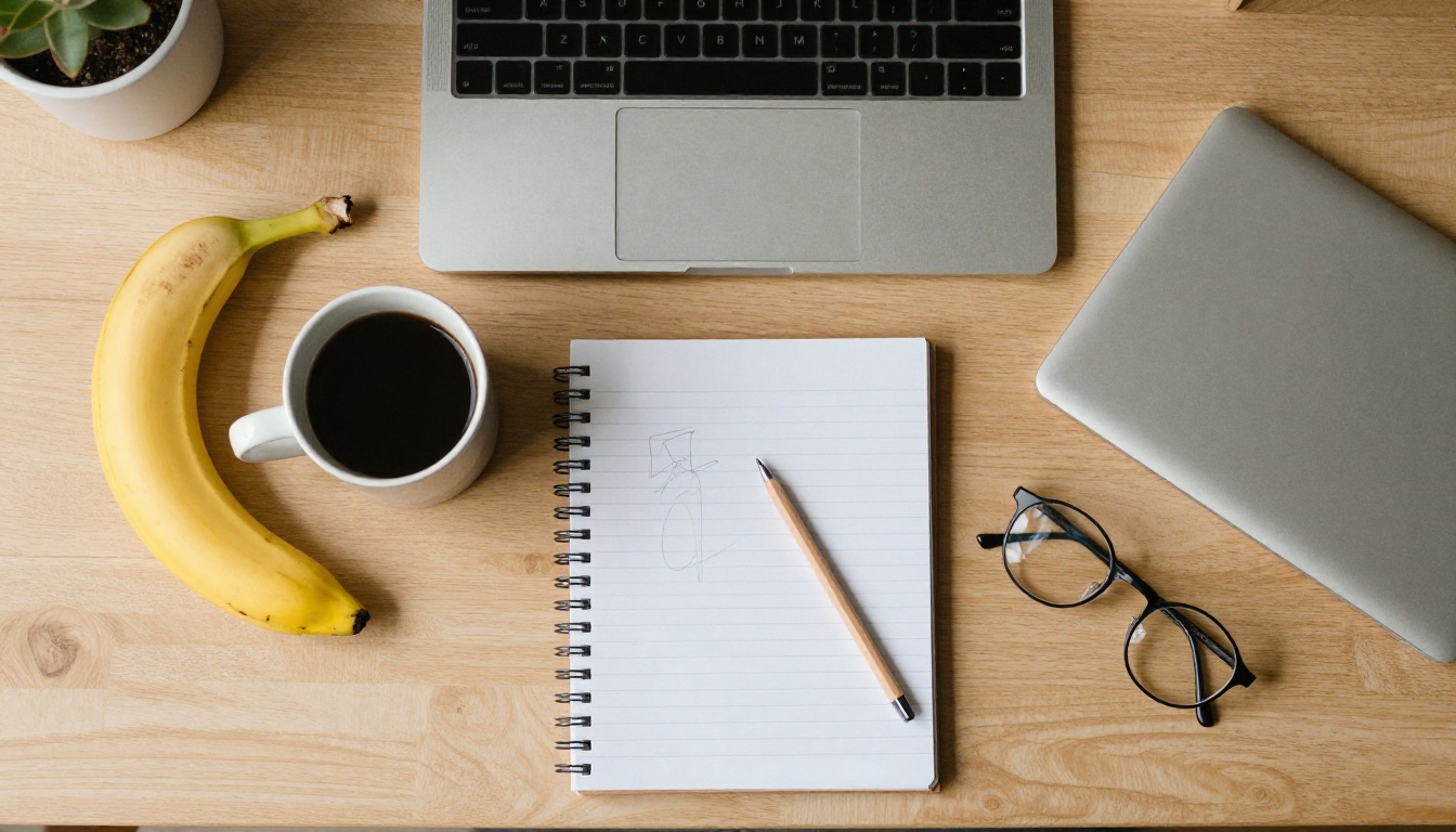 Aerial view of a desk with a ripe banana, coffee cup, notebook, and closed laptop