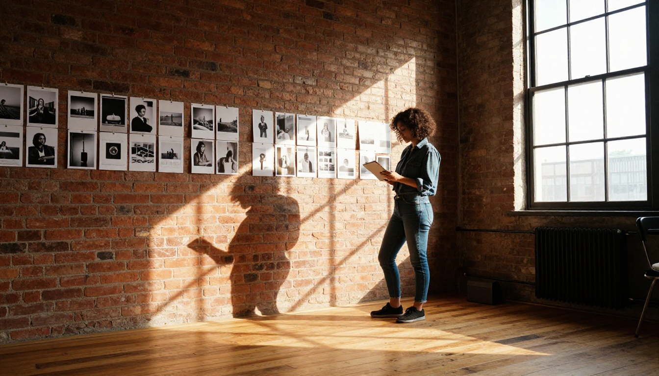 Creative director with a tablet in a brick loft studio with printed photographs on the wall