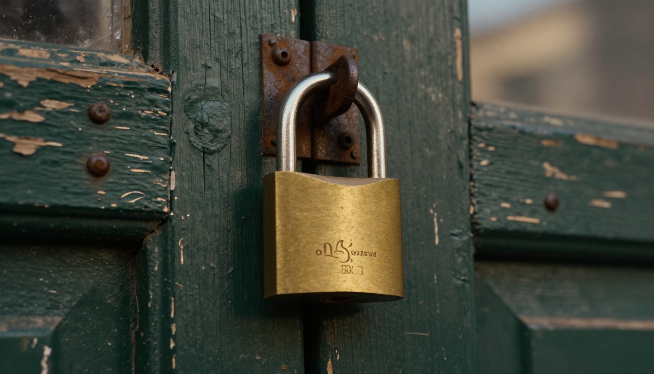 Low angle close up of a brass padlock hanging on a weathered green wooden door