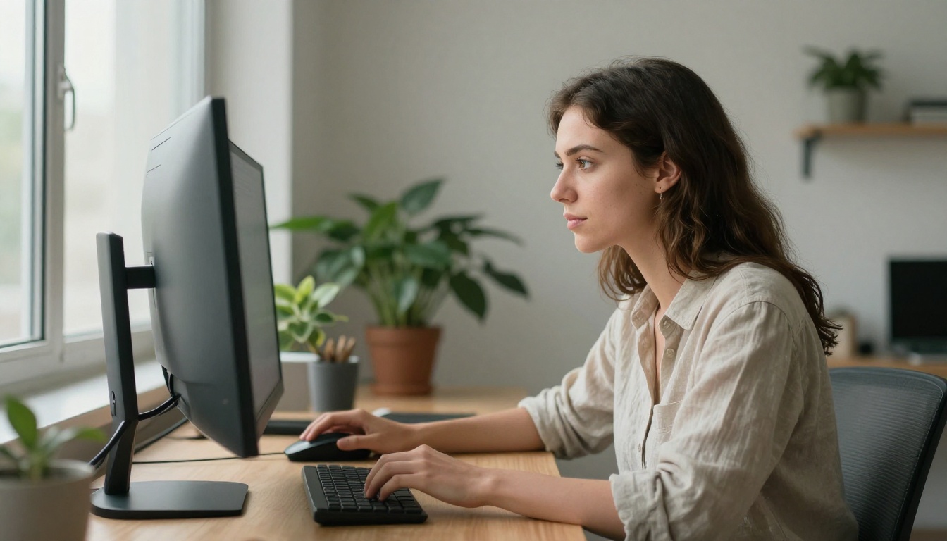 Young woman developer at a standing desk looking at a large monitor in a bright studio
