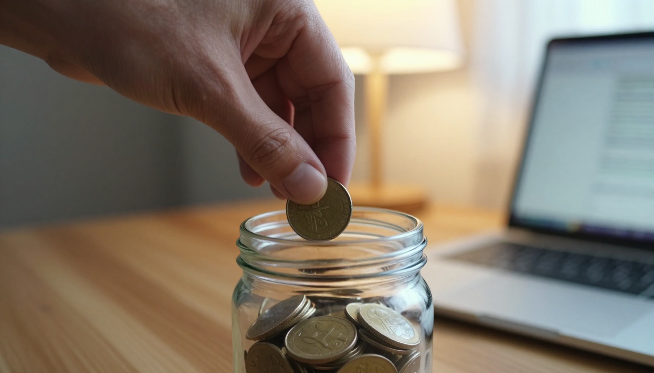Close up of a hand dropping coins into a glass jar beside a blurred laptop