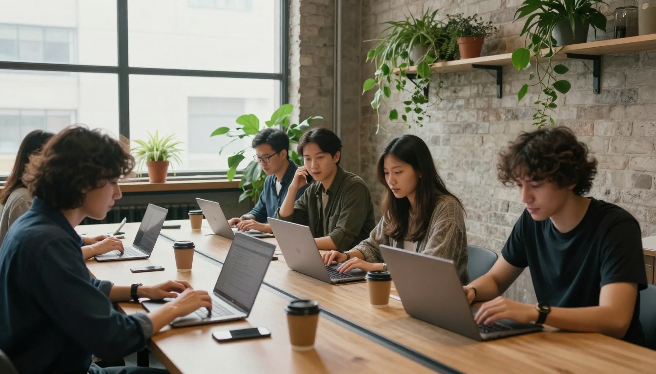 Wide shot of four people working on laptops in a sunlit co-working space
