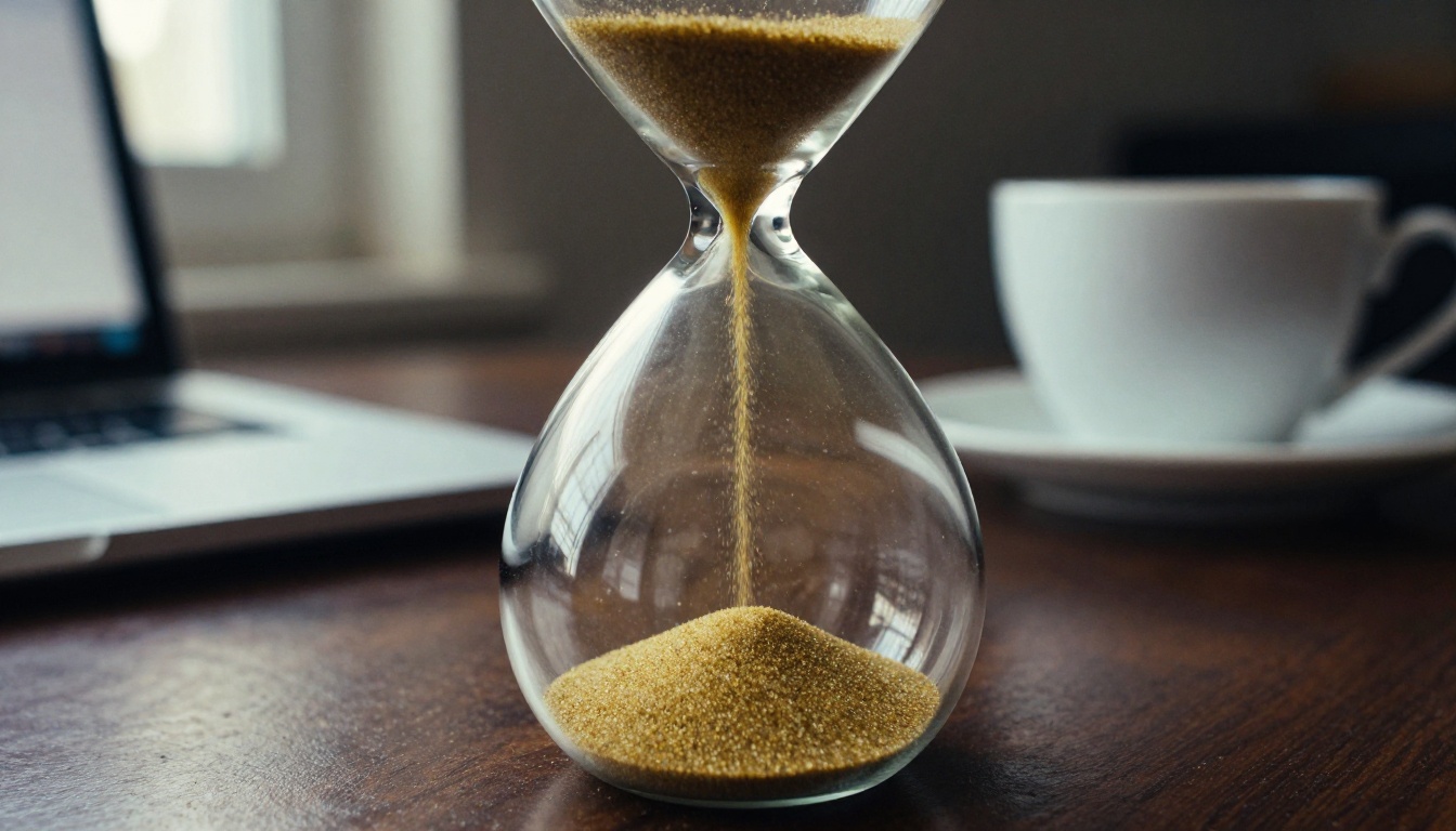 Macro photograph of a glass hourglass with golden sand on a dark wooden desk