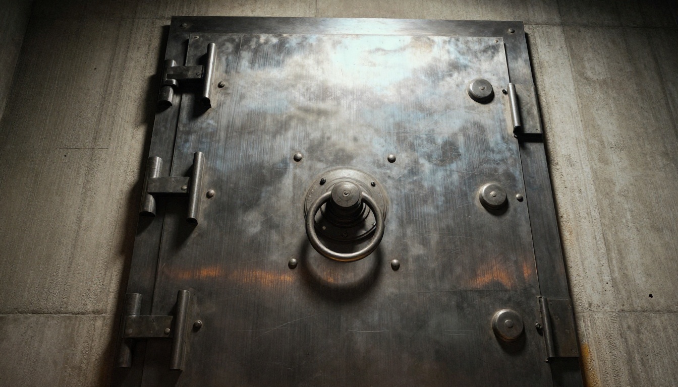 Low angle view of a thick steel bank vault door in a concrete corridor