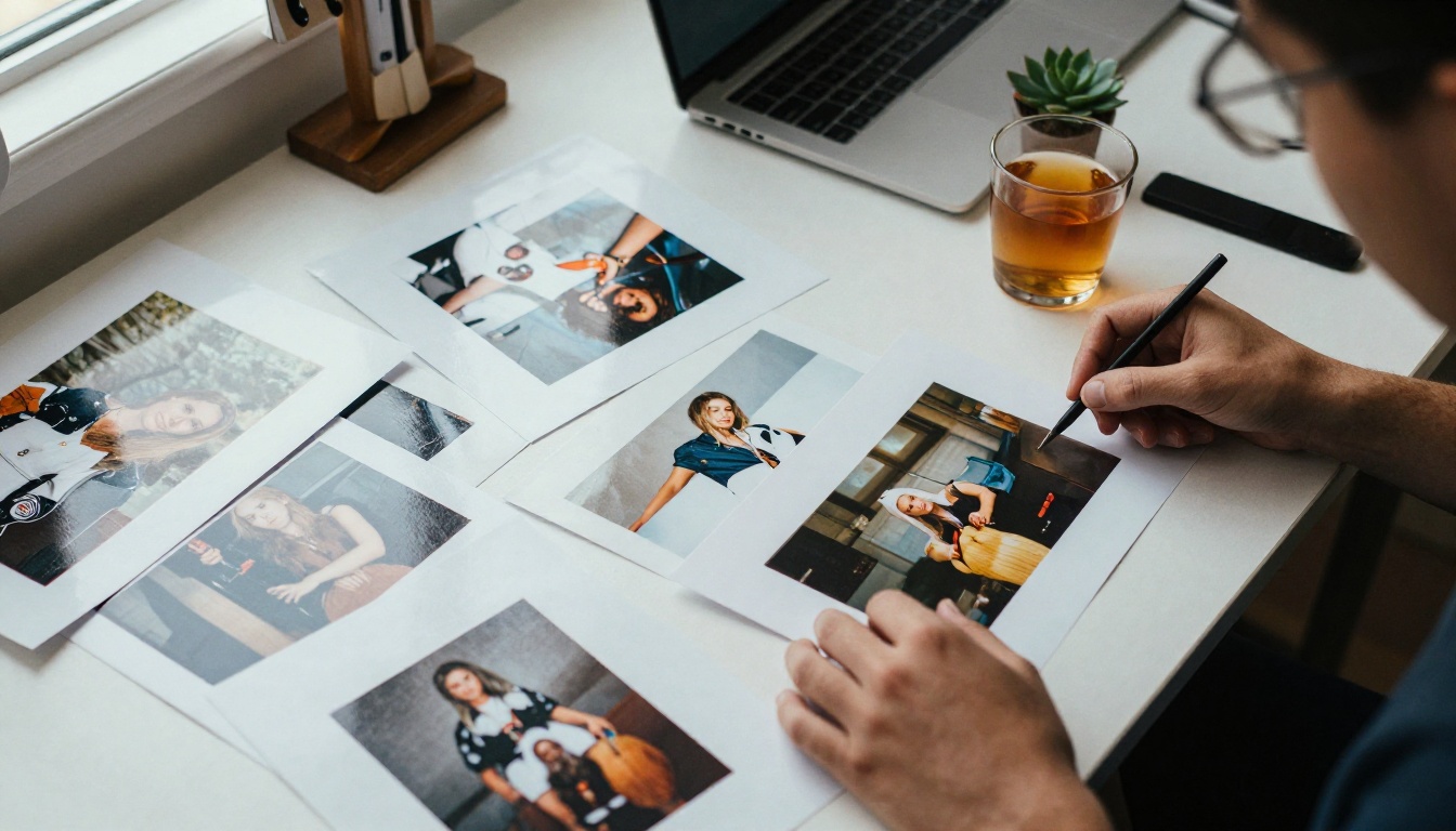 Aerial view of a creator's studio table full of printed photographs and a laptop