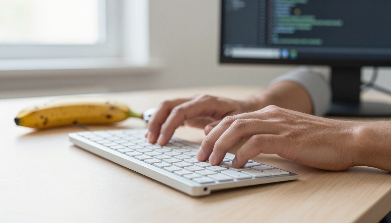 Developer hands typing at a birch desk with a ripe banana beside a wireless mouse