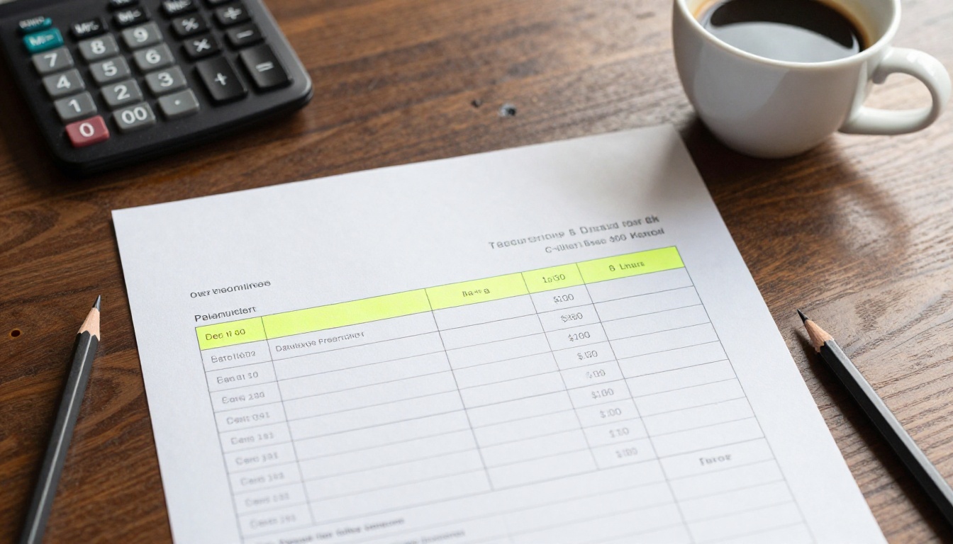 Overhead flat lay of a printed invoice grid, pencil, calculator and espresso on a walnut table