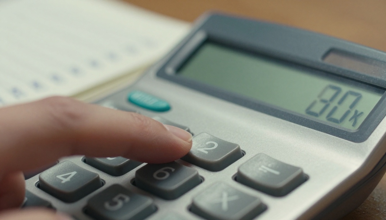 Fingertip pressing a calculator button above an open ledger of handwritten numbers