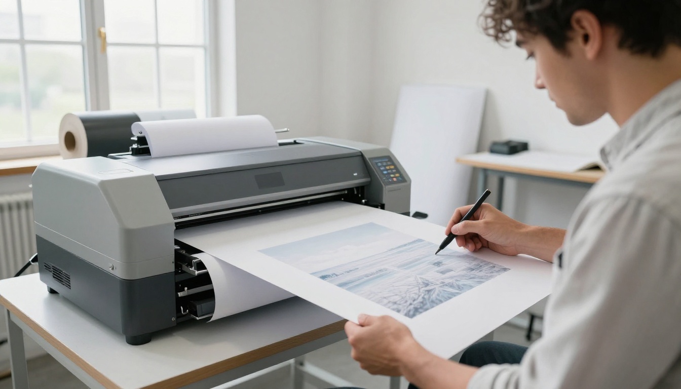 Photographer holding a large fresh print in a bright whitewashed print studio