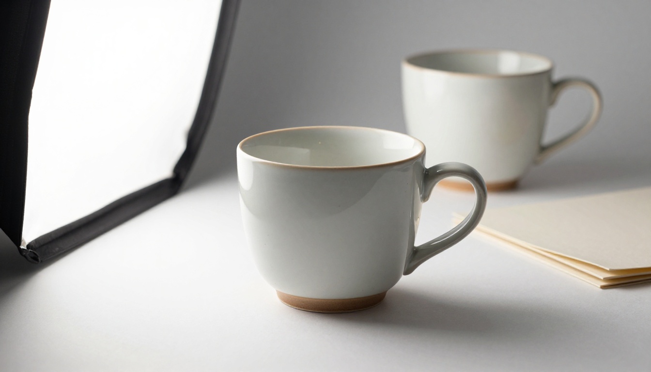 Ceramic mug on a white paper sweep in a small product photography studio