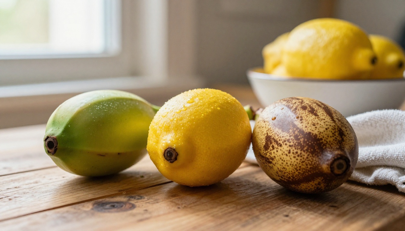 Three bananas in a row, green, yellow and spotted, on a rustic wooden table
