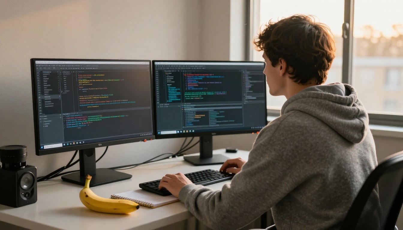 Over-the-shoulder view of a developer at a standing desk with two monitors of blurred code