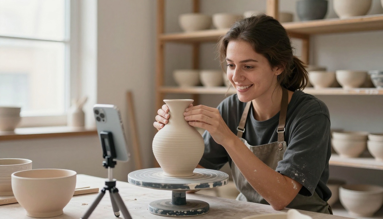 Smiling potter photographing a glazed vase with a smartphone on a tripod
