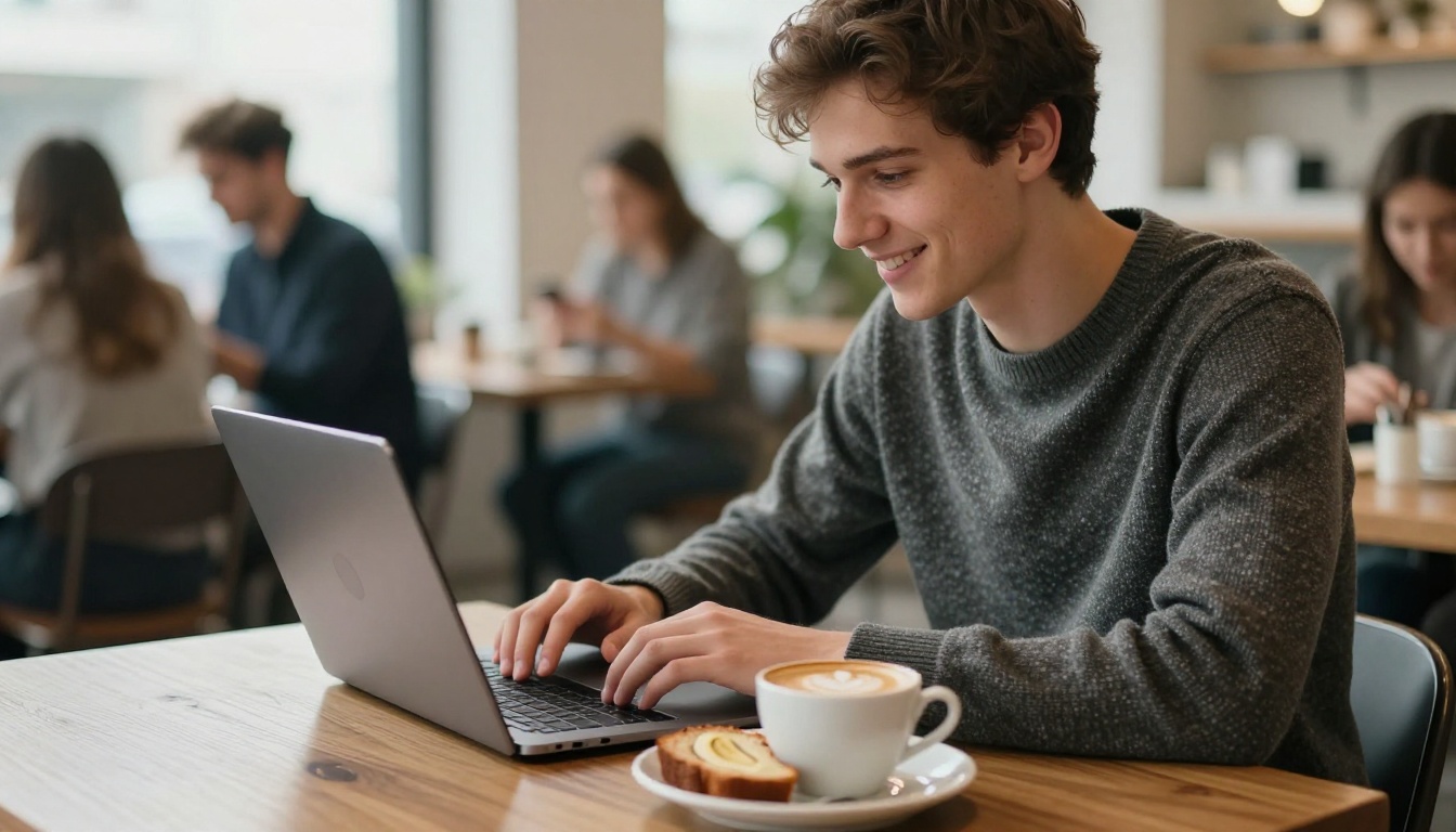 Young man smiling at a laptop in a cafe beside a large window with a flat white and banana bread