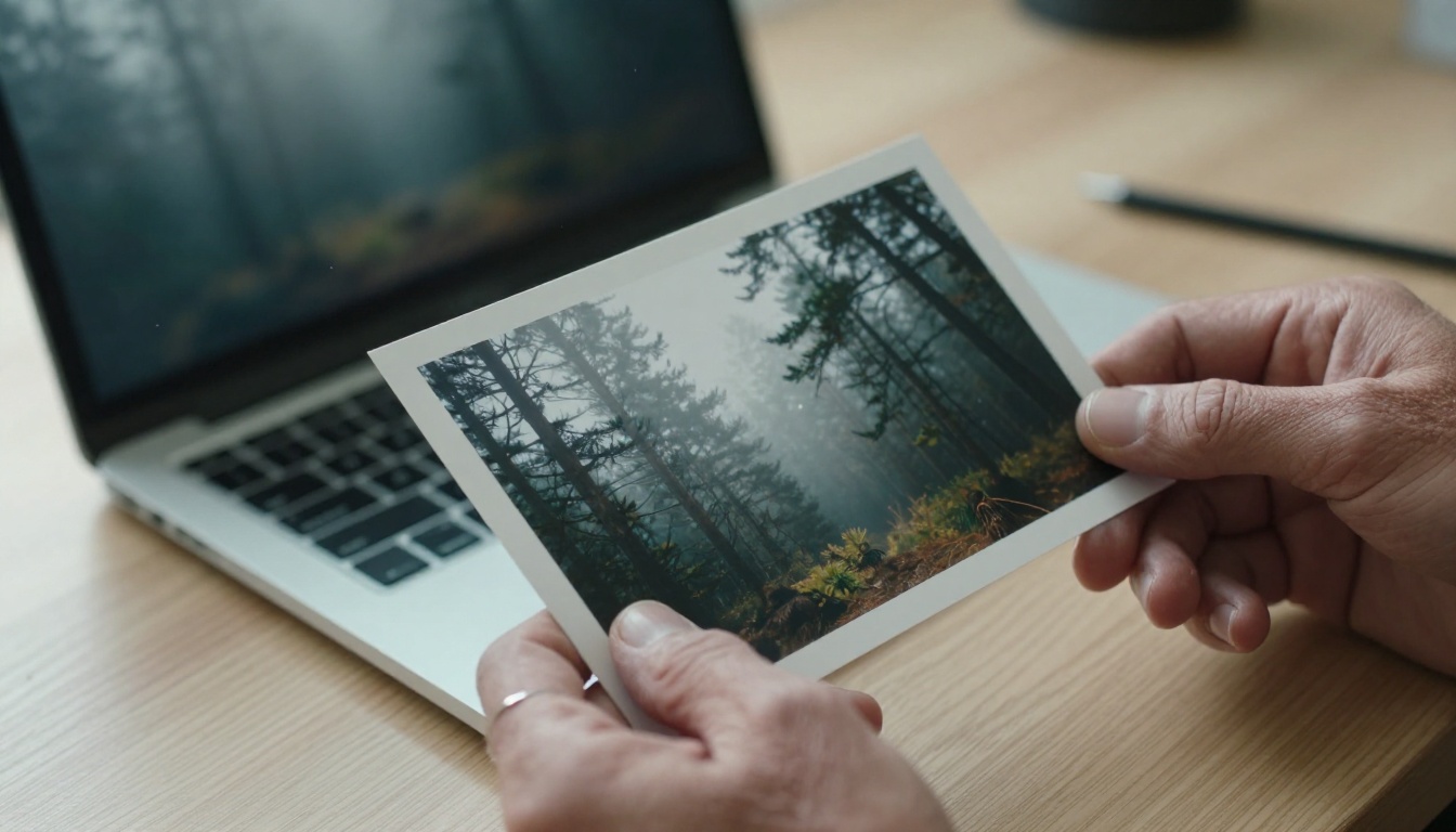 A photographer holding a sharp printed landscape above a laptop