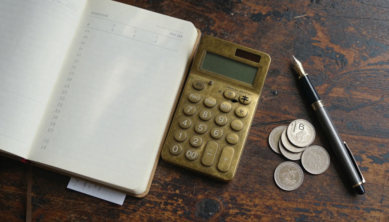 Flat lay of a calculator, receipts and coins on an oak table