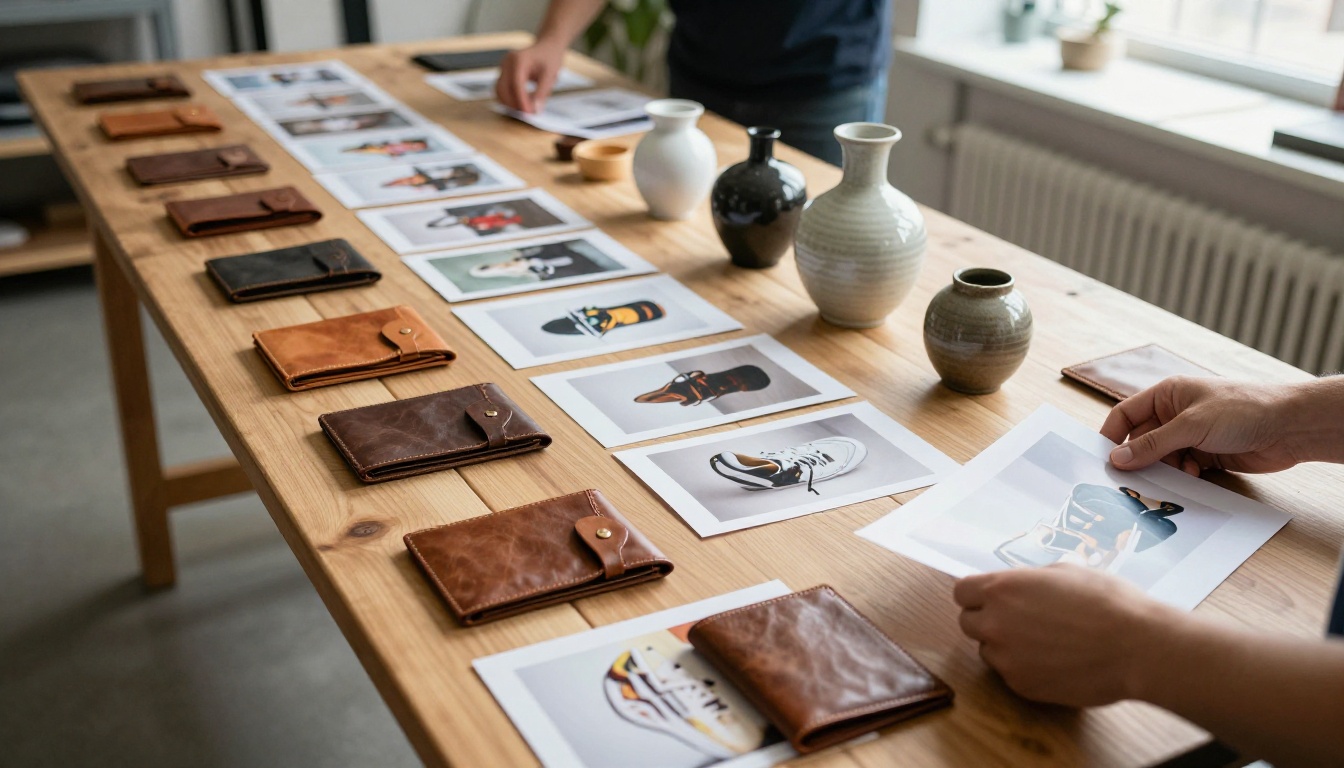 Rows of printed product photographs arranged on a long studio table