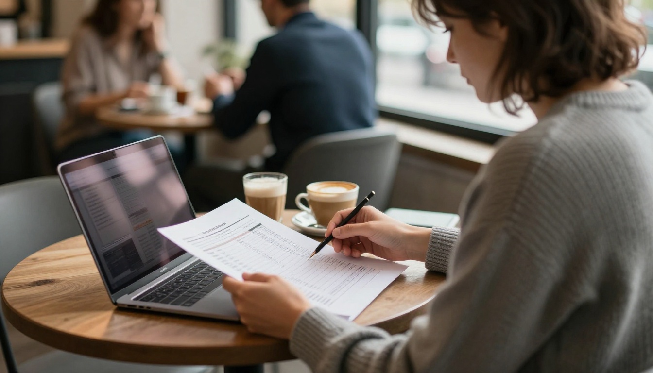 A business owner reviewing a printed spreadsheet at a cafe table