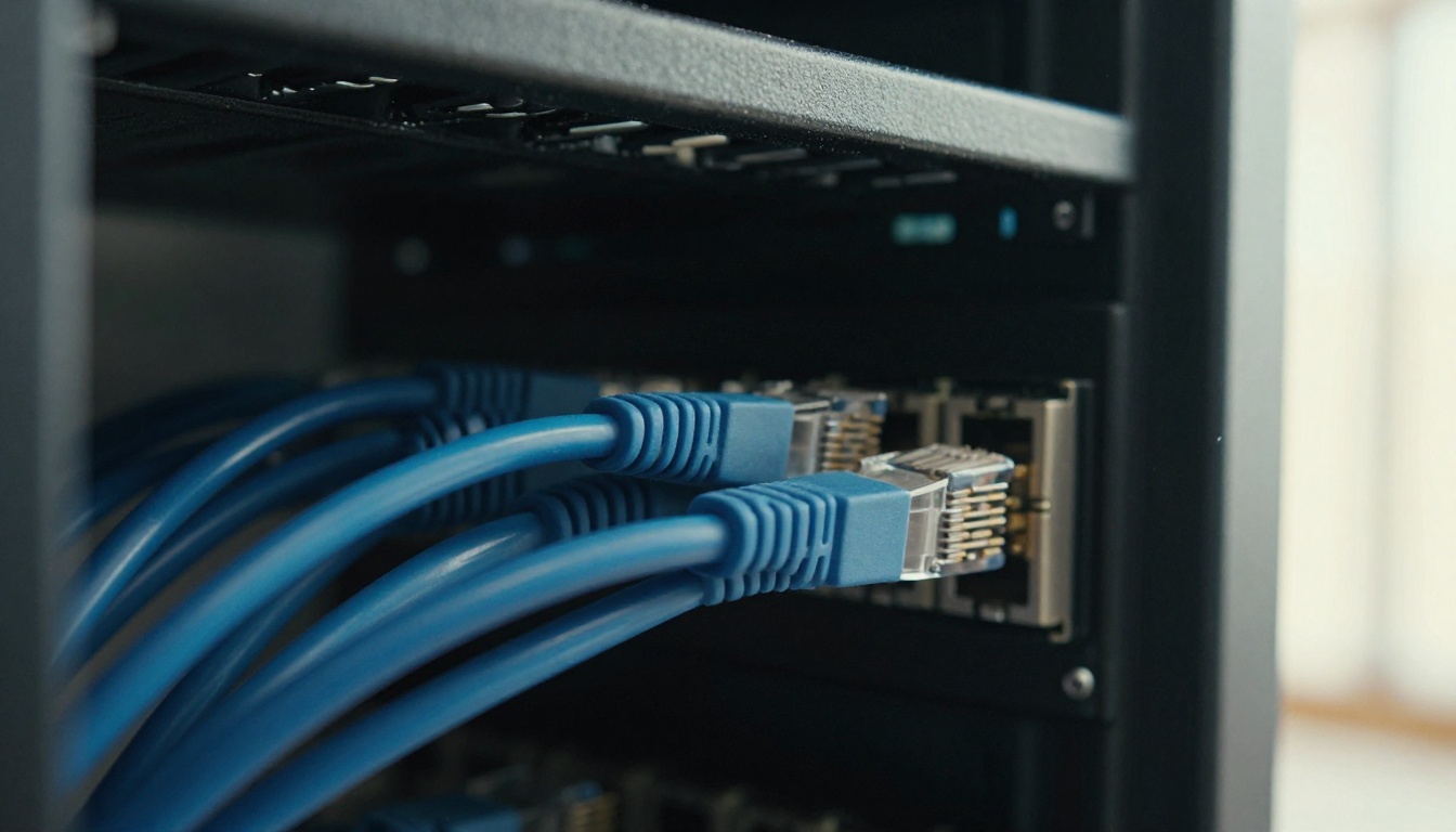 Blue ethernet cables plugged into a patch panel in a server closet