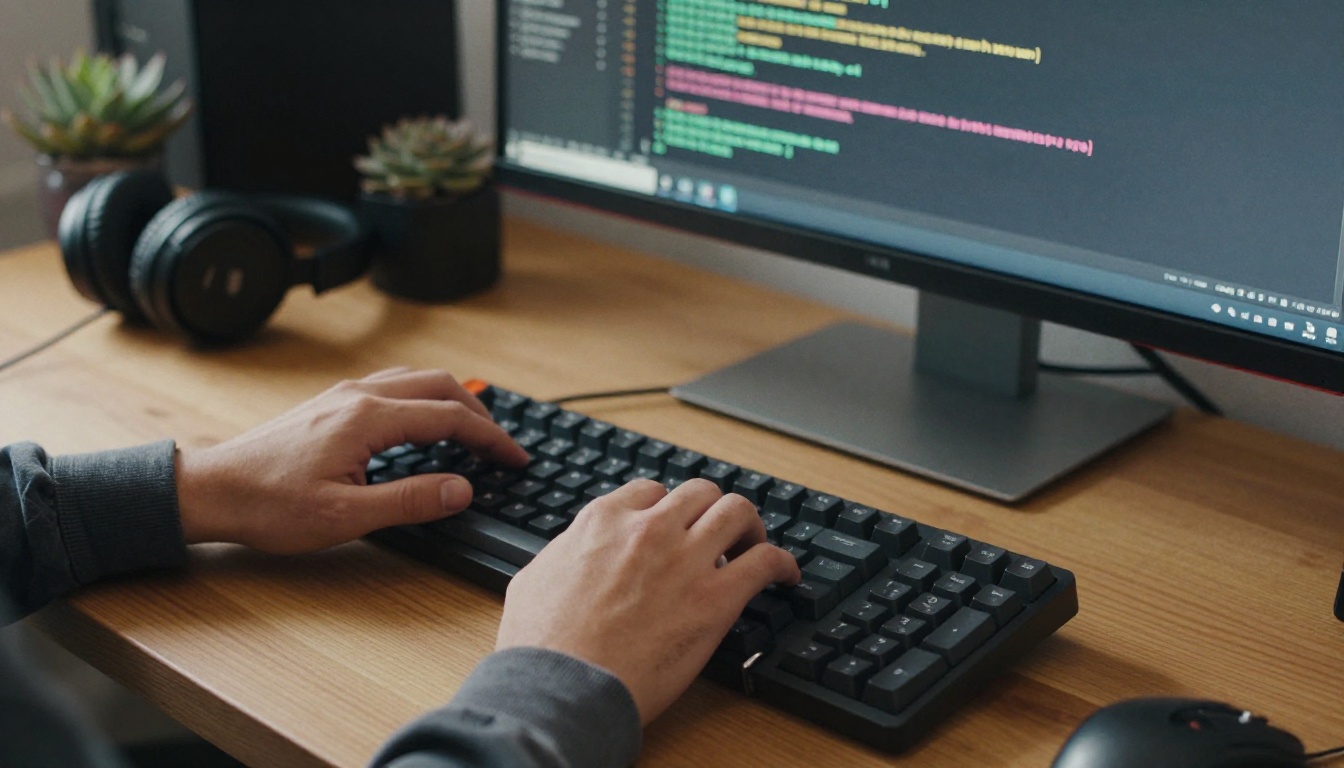 A developer typing code at a desk with a wide monitor behind