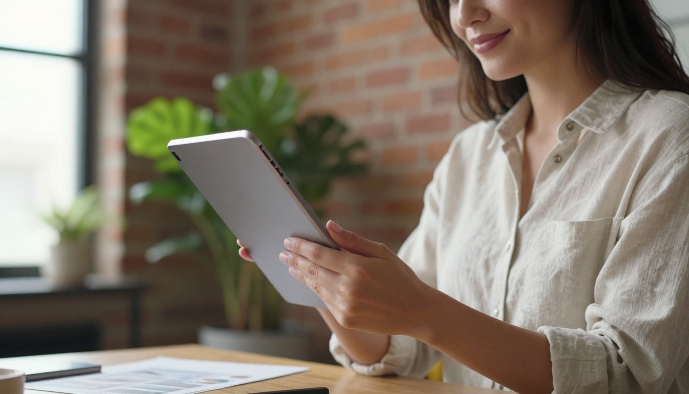 A designer browsing photographs on a tablet in a bright loft studio