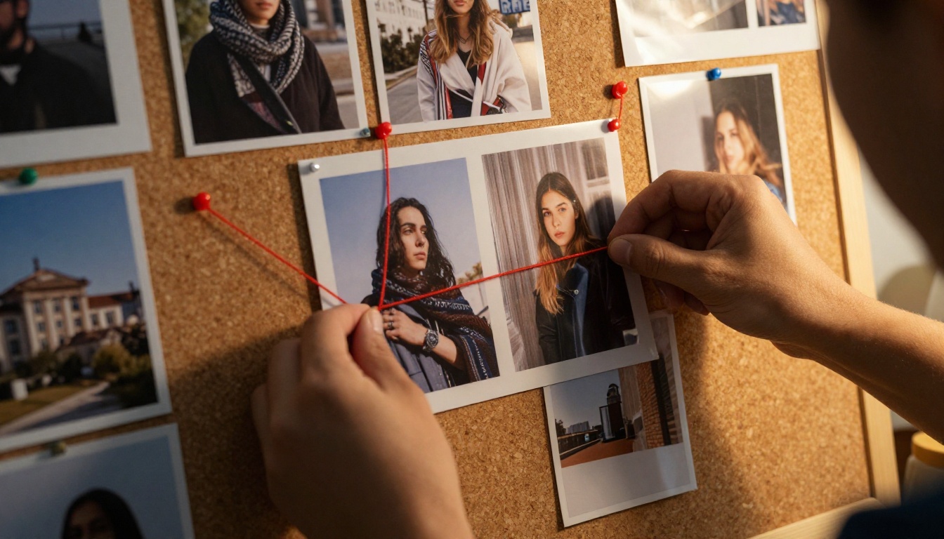 Hands pinning a printed photograph onto a cork board of references