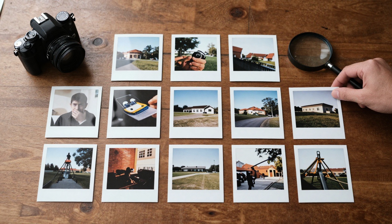 A photographer placing the last of fourteen printed reference photographs into a grid on a walnut table