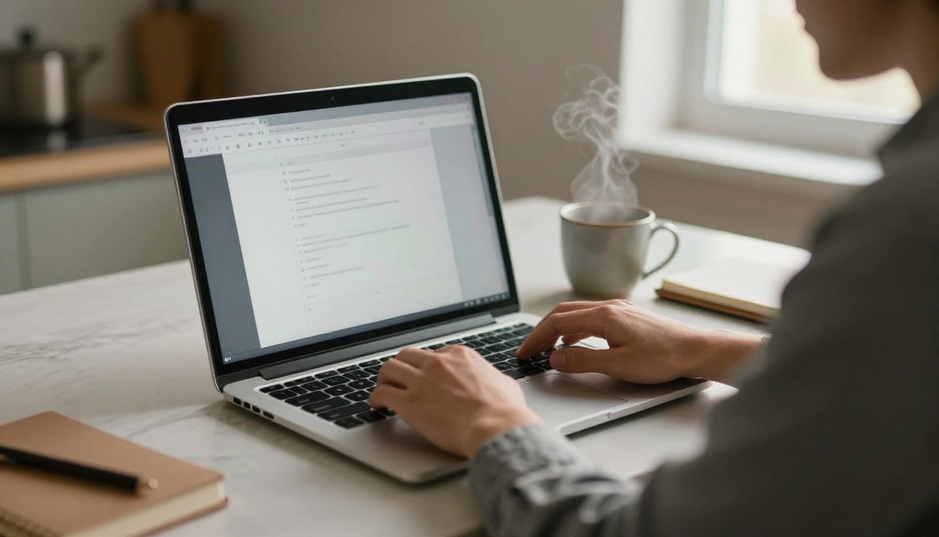 A man in a gray flannel shirt updating software on a laptop at a kitchen island in morning light