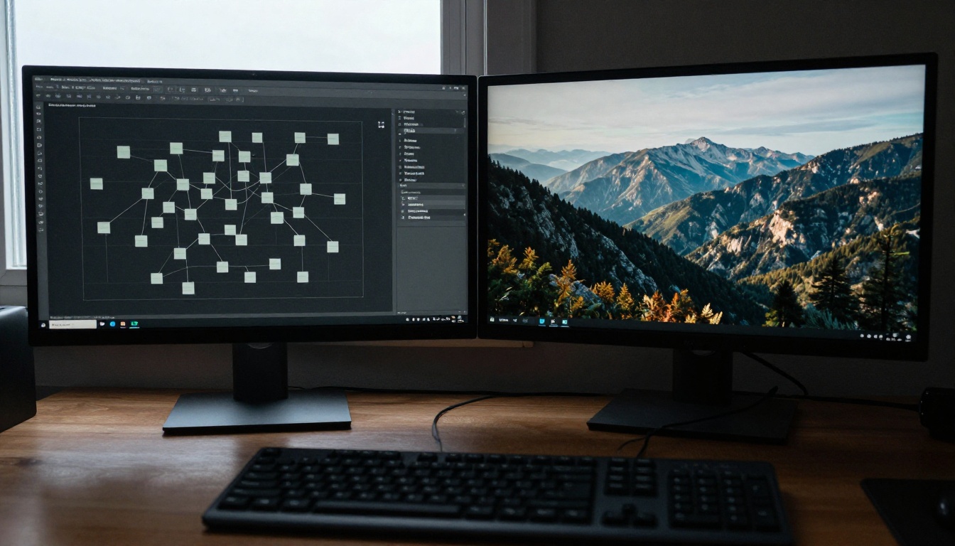 A low-angle view of two monitors showing a sprawling node graph beside a mountain landscape preview