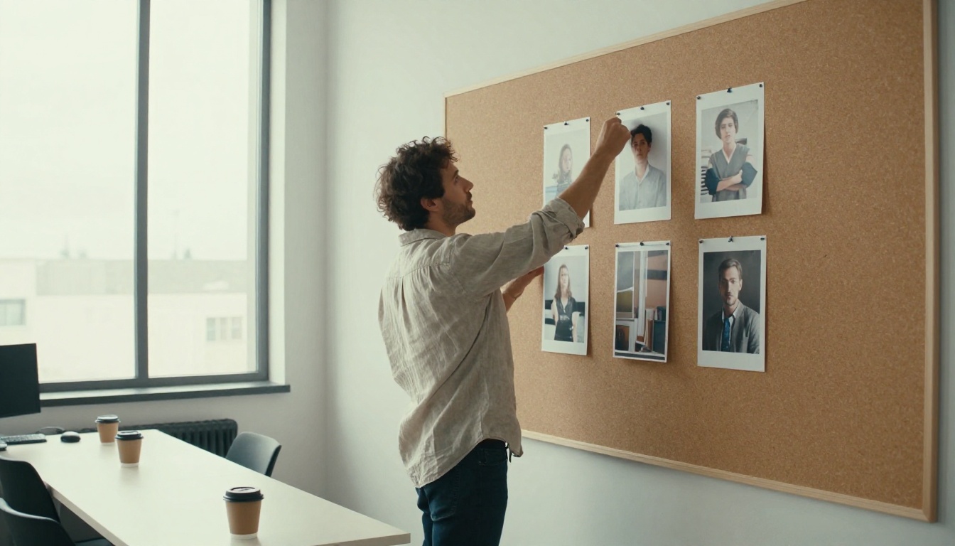A creative director pinning six printed mood photographs to a cork board wall in a bright studio