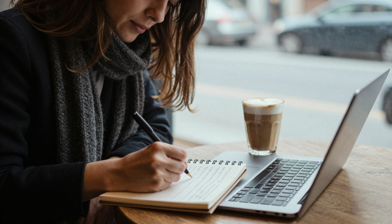 A woman writing a long list in a spiral notebook beside a laptop at a cafe window