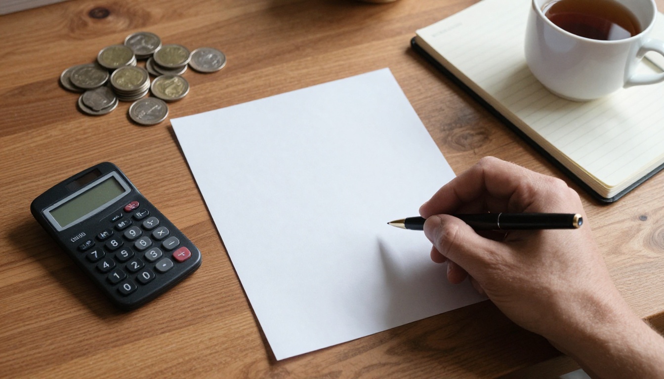 A hand holding a calculator over blank receipts, silver coins and a notebook on a wooden desk