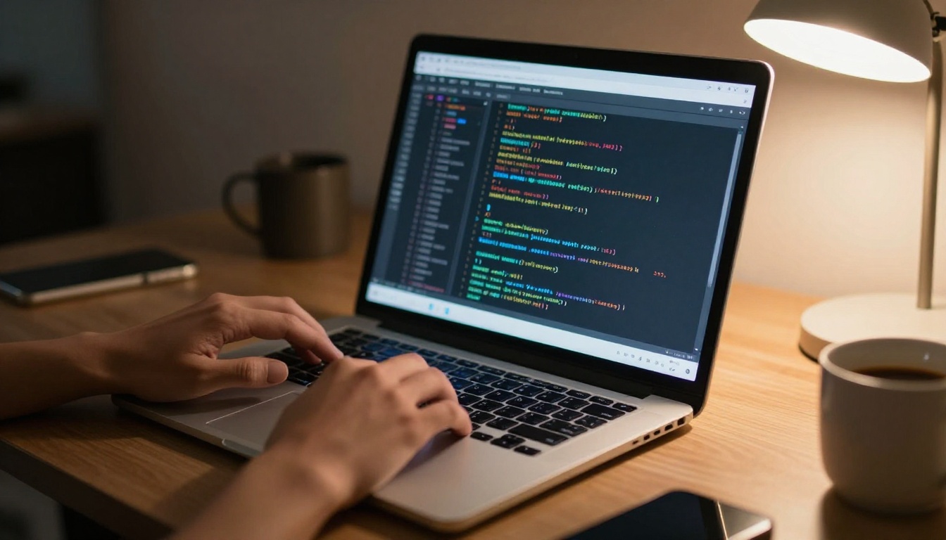A developer's hands on a laptop in a dim home office at dusk with a warm lamp on the right