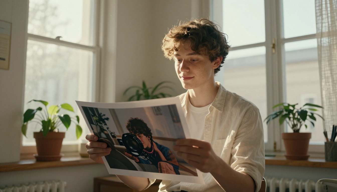 A young designer holding a large printed photograph up to a sunlit window