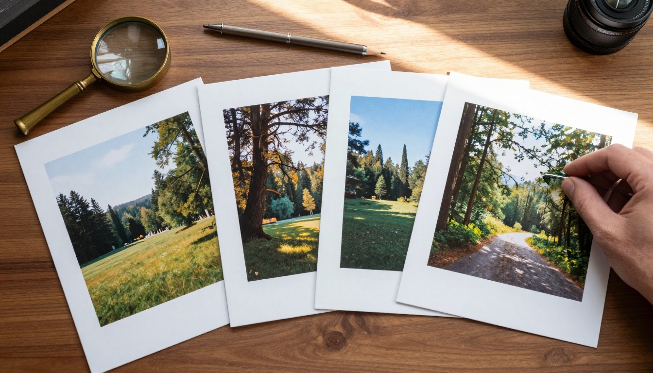 A hand arranging four printed landscape photographs of different sizes on a walnut desk
