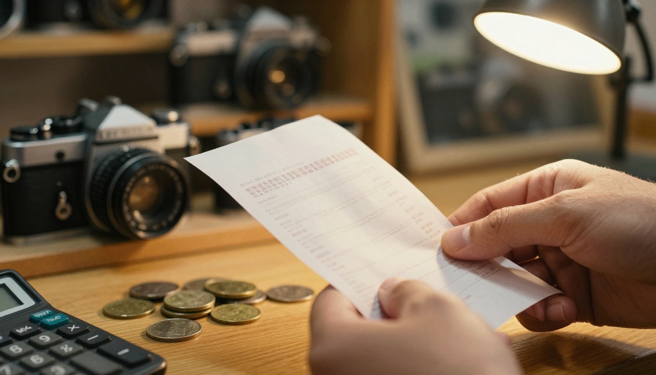 Close-up of a hand holding a paper receipt over a wooden counter in a camera shop