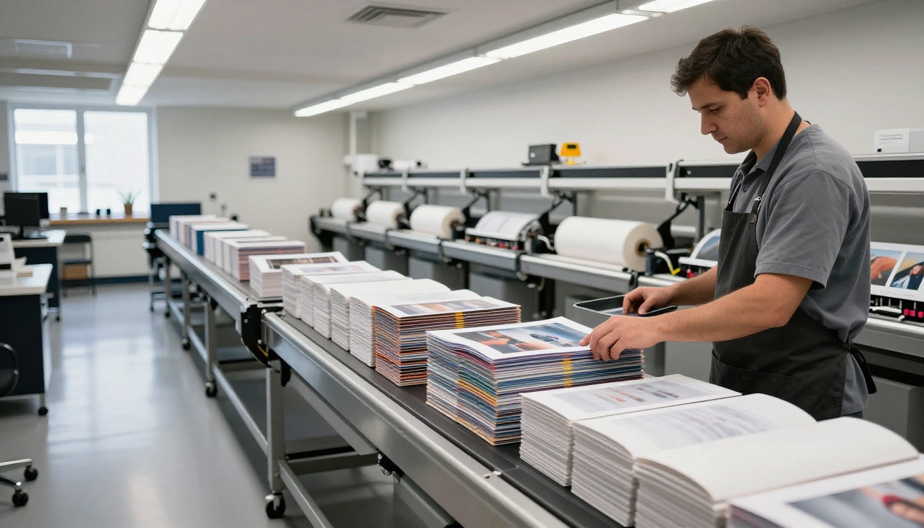 Wide view of a photo printing lab with a conveyor of finished prints stacked in neat bundles