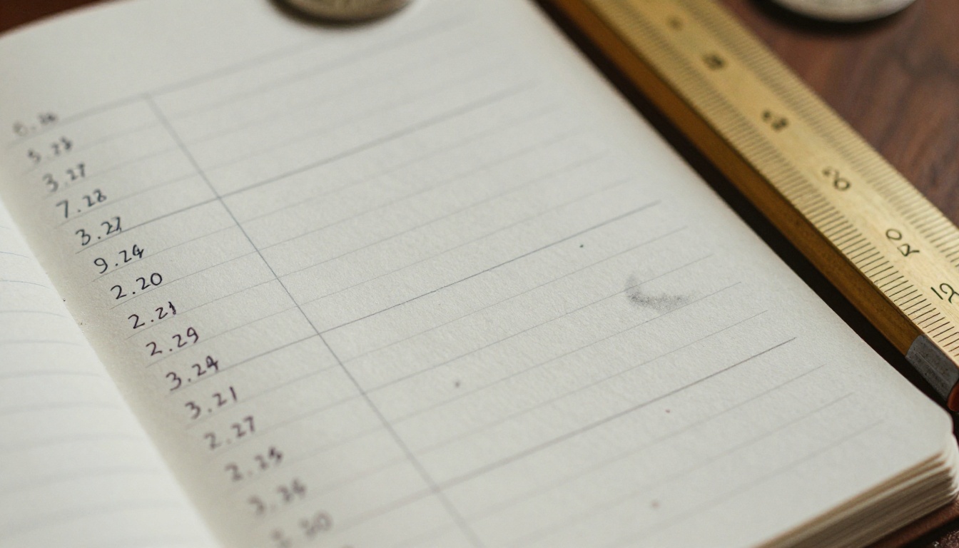 Macro shot of a handwritten ledger page with columns of small numbers and a pencil