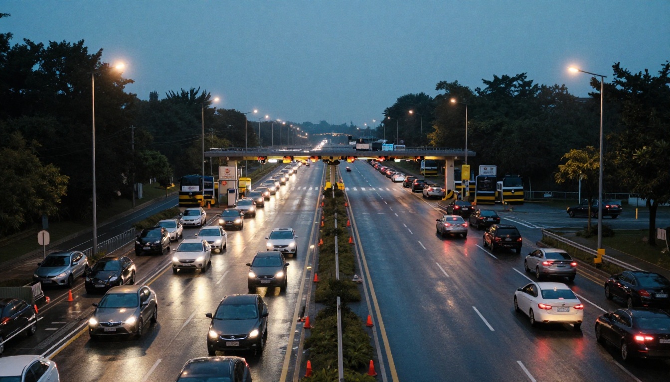 High-angle view of a highway toll plaza at dusk with cars queuing evenly in open lanes