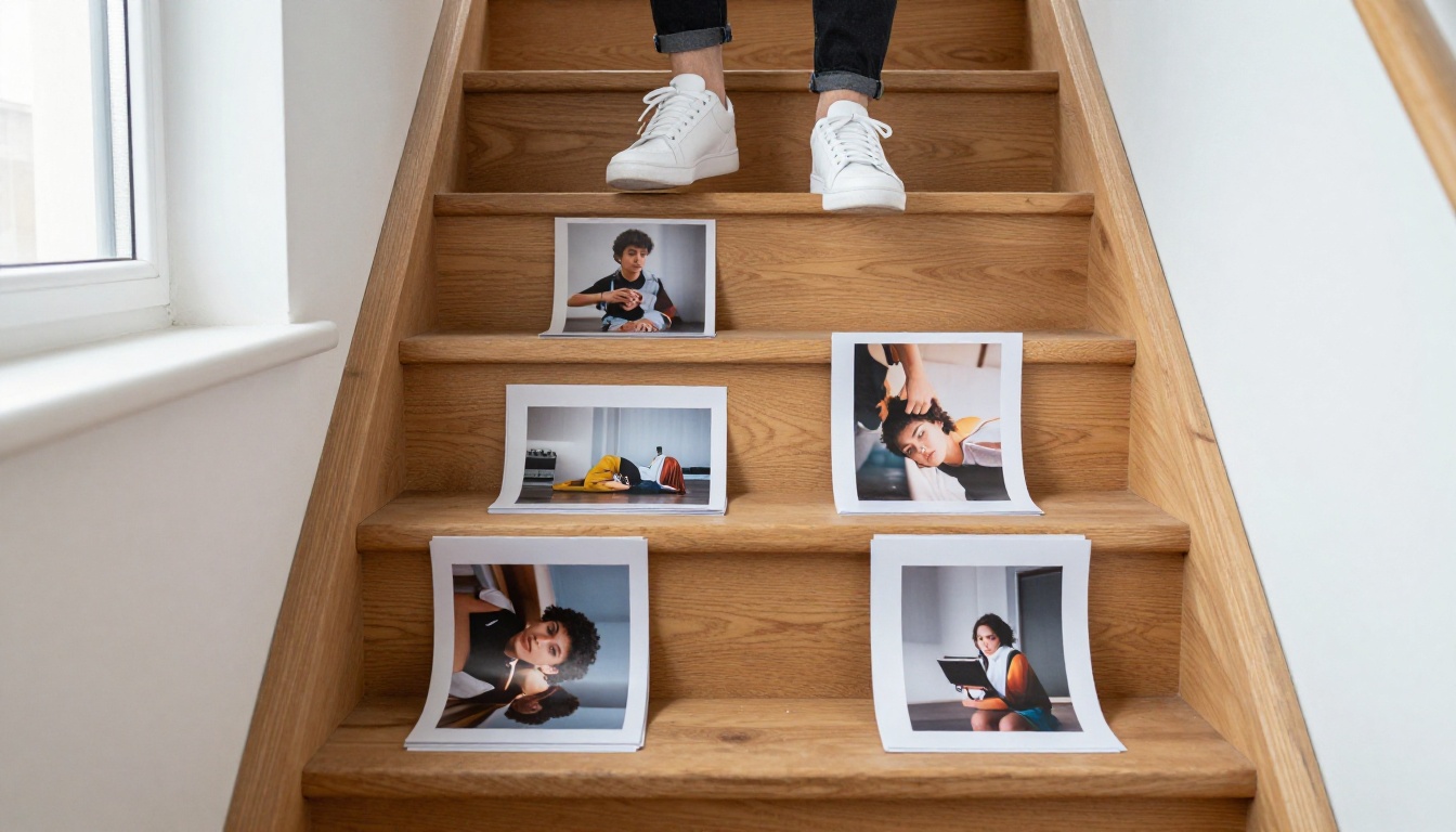 A person's white sneakers stepping onto the second of four wooden stairs holding stacks of prints