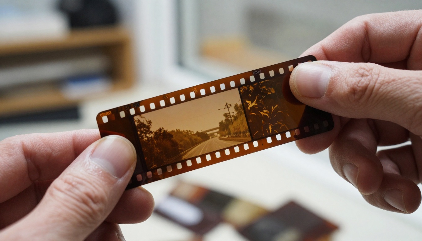 Extreme close-up of a photographer's hands holding a 35mm film negative strip up to a window