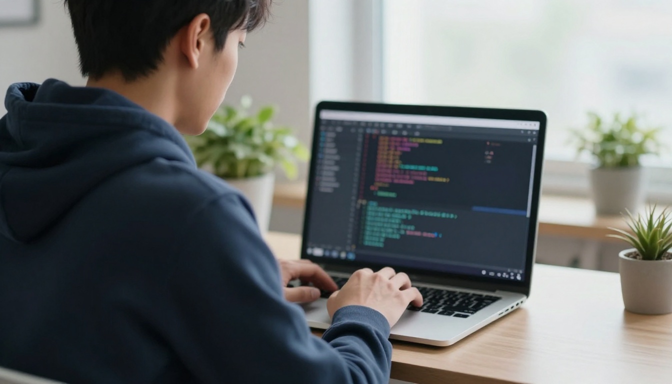 Over-the-shoulder view of a developer typing at a laptop on a standing desk in a bright co-working space