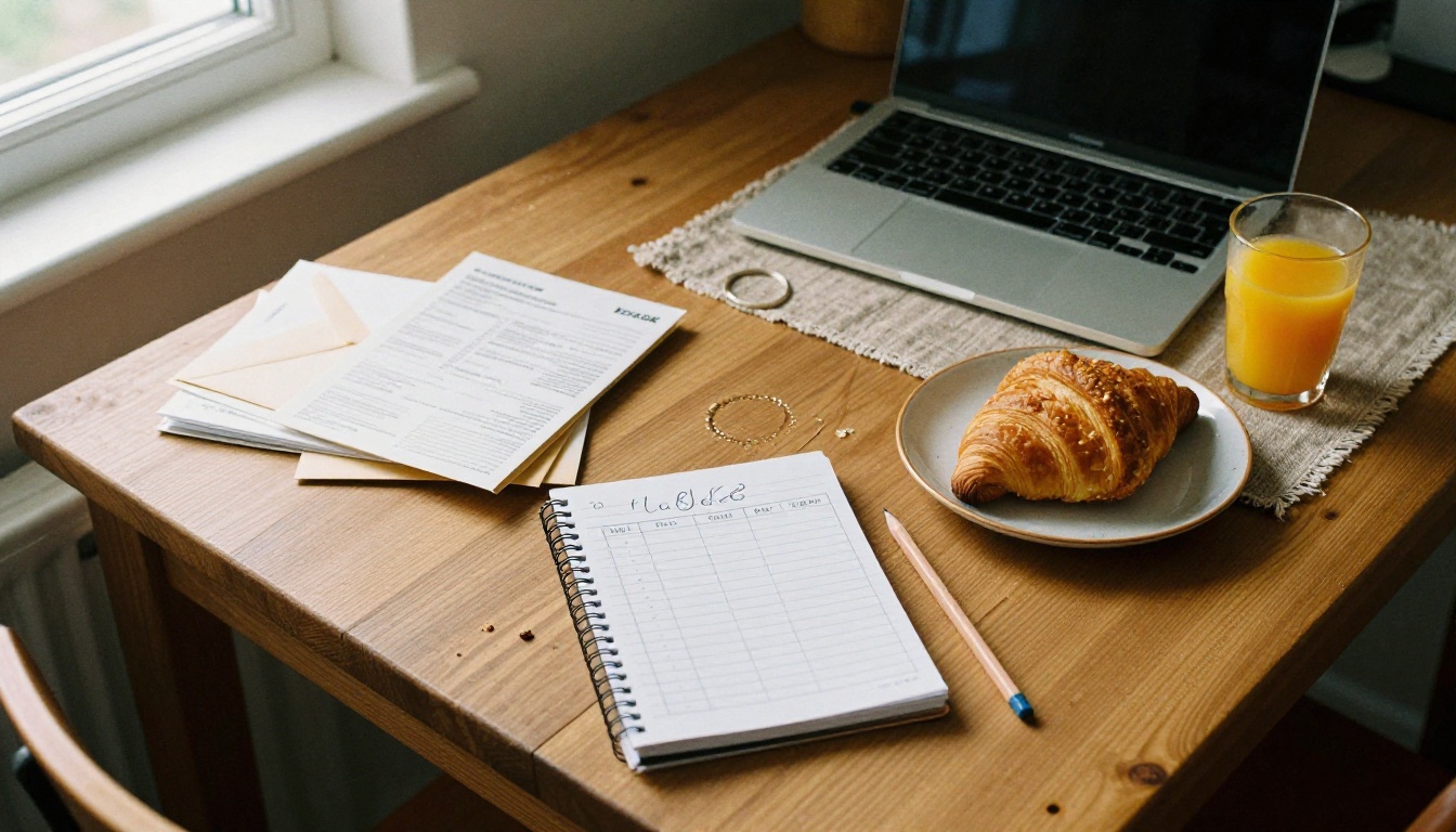 Top-down view of a kitchen table with a closed laptop, monthly bills and a hand-drawn budget notebook