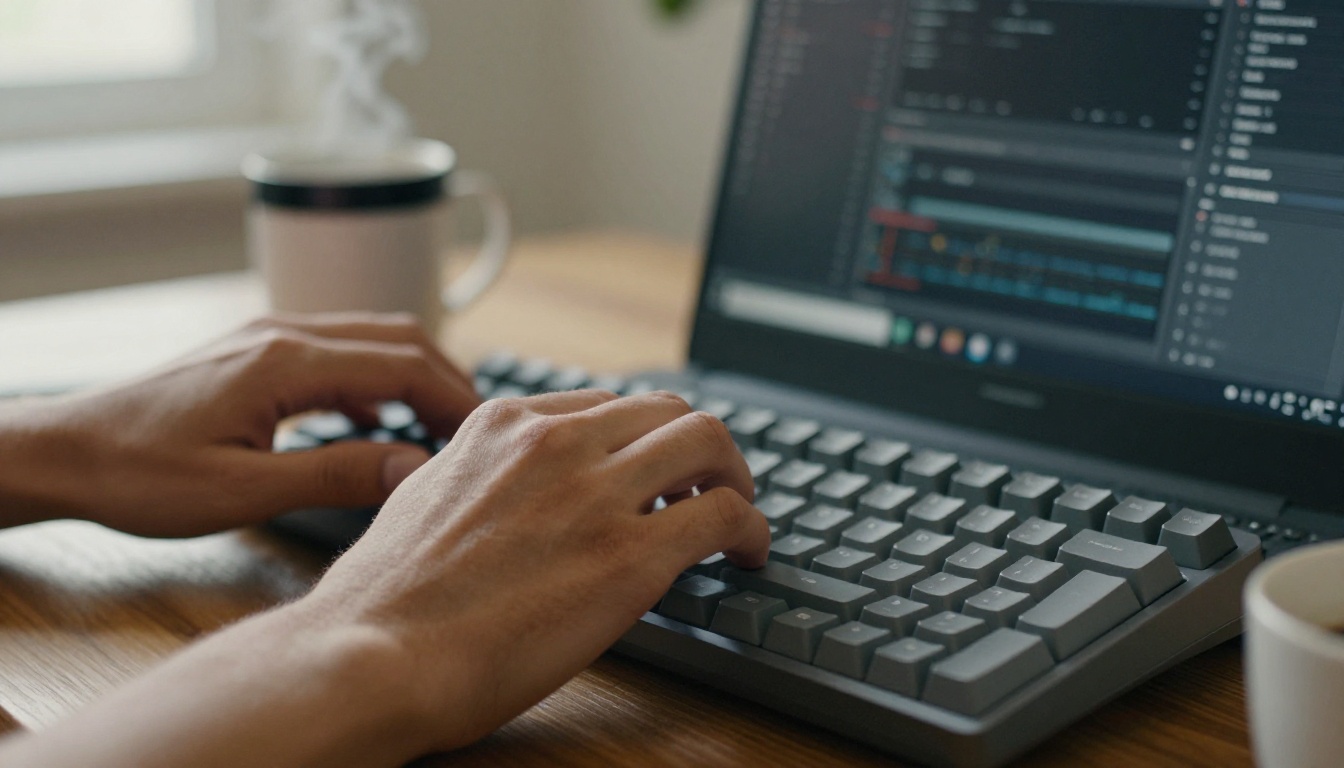 Developer typing code at a wooden desk with a coffee mug in morning light