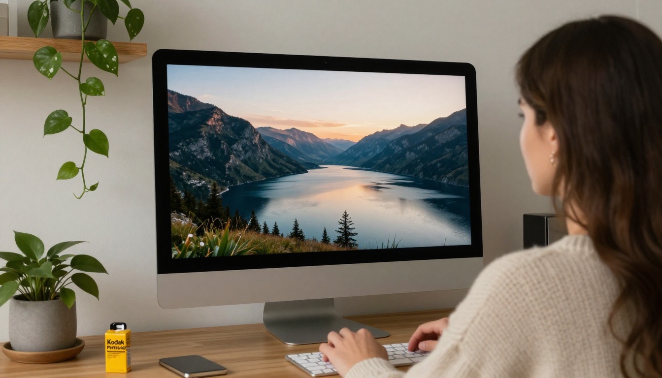 Woman looking at a monitor that shows a sharp mountain lake photograph