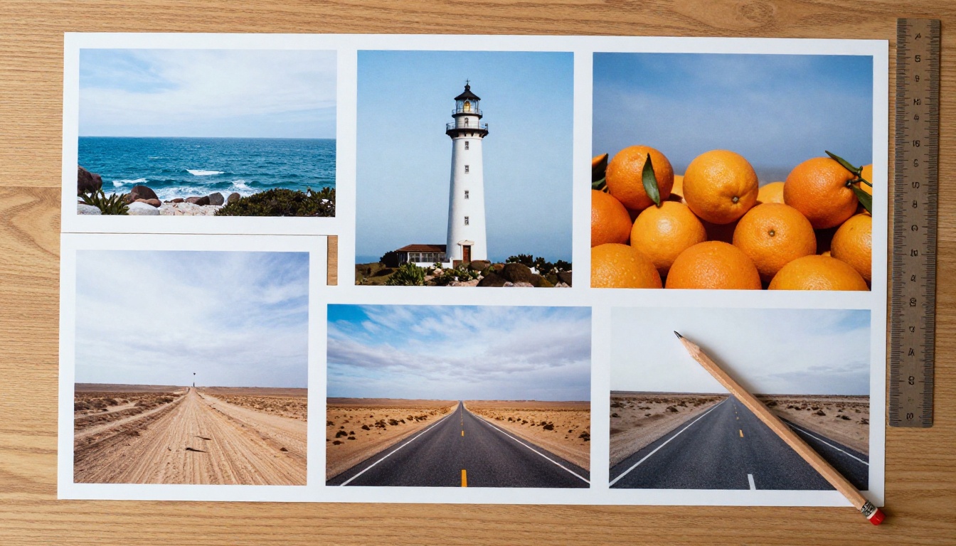 Top-down view of printed photographs in wide, tall and square proportions on an oak table
