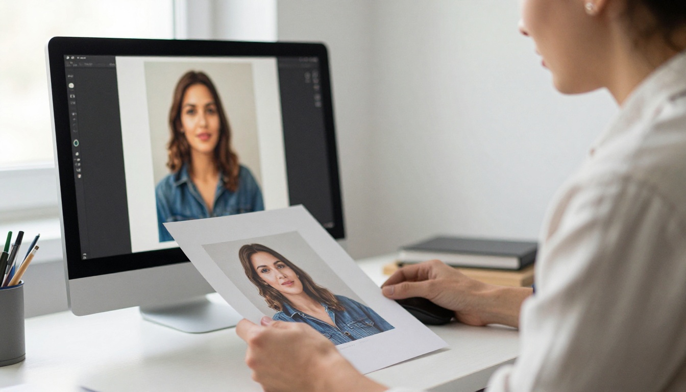 Photo retoucher at a standing desk holding a printed portrait next to a calibrated monitor