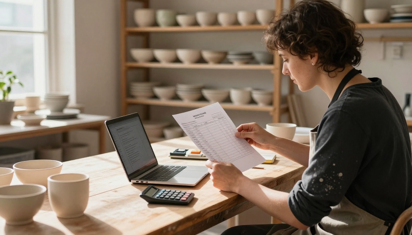 Small business owner reviewing a printed invoice next to a laptop in a ceramic workshop