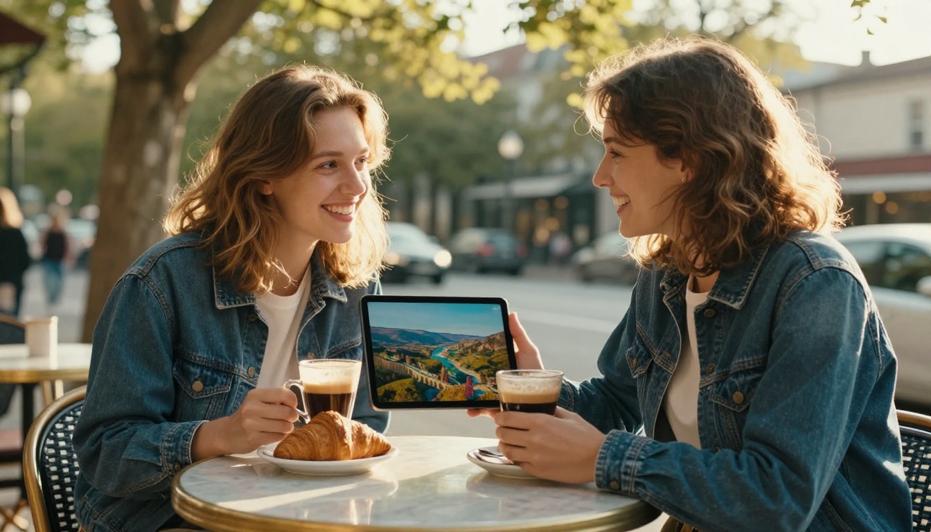 Two friends at a cafe table looking at a landscape photograph on a tablet