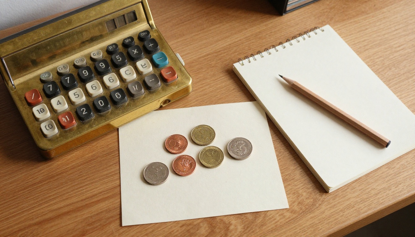 Brass calculator and stacks of coins on an oak desk in morning light